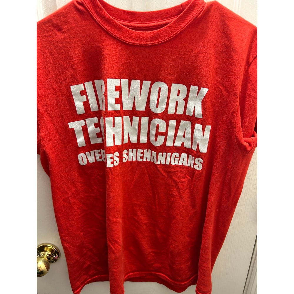 Firework Technician Oversees Shenanigans Funny Graphic T-Shirt Red Adult Medium